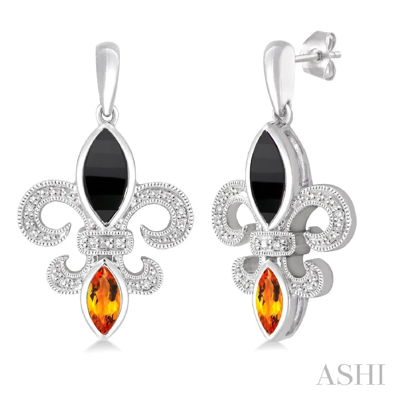 Cute Pearl Earrings-Silver Fleur De Lis Onyx, Citrine & Diamond, New Orleans Saints Earrings