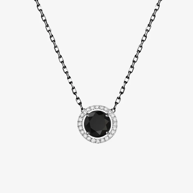 Black and White Diamonds. Solitaire Halo Gold Necklace