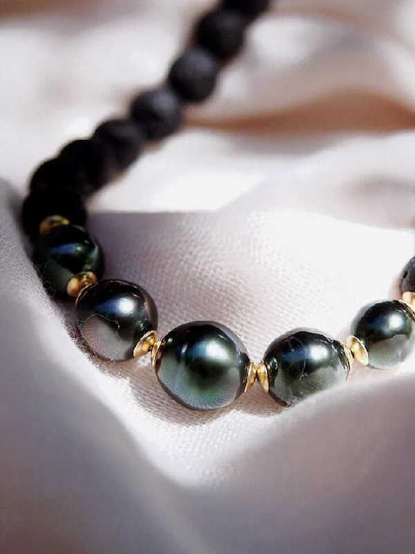 Five Black Tahitian Pearl Lava Bead Necklace - Moana