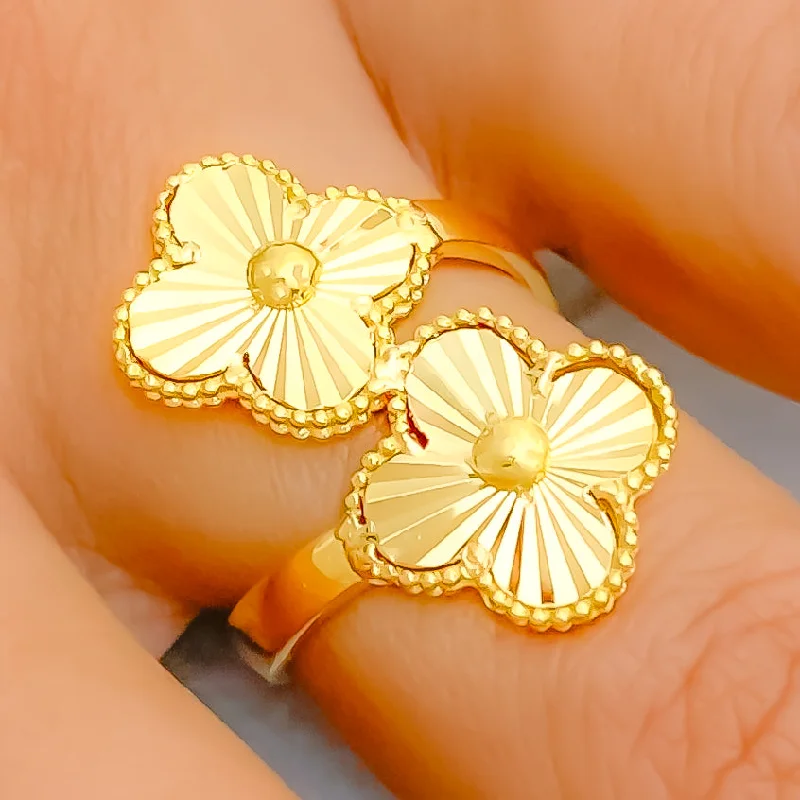 Unique Wedding Ring Set for Bride-Radiant Twin Flower 21k Gold Clover Ring