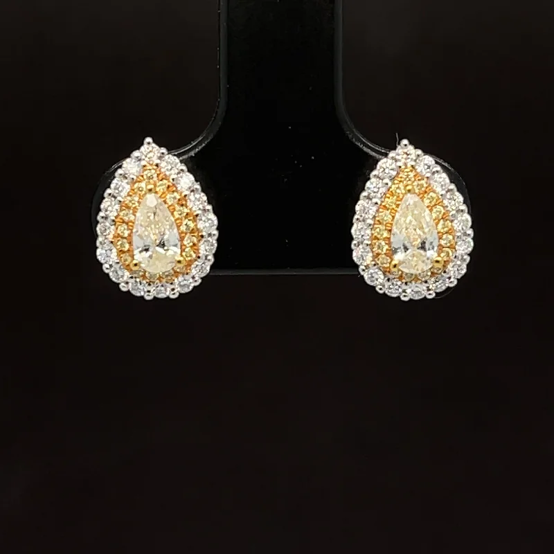 Butterfly Design Earrings-Yellow & White Diamond Pear Double Halo Stud Earrings in 18k Two-Tone Gold - #591 - ERDIA355184