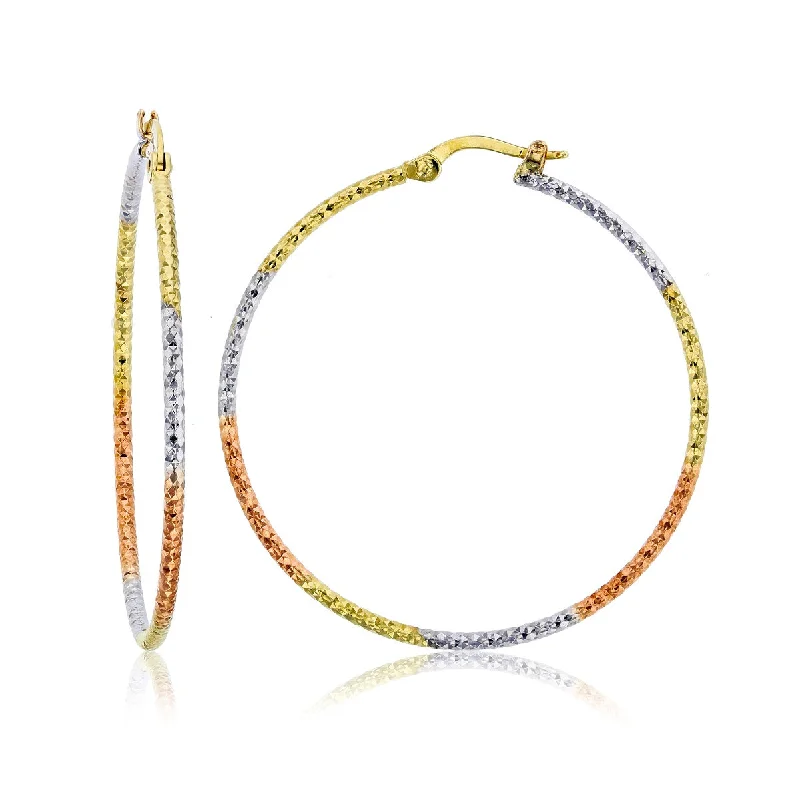 Elegant Bridal Earrings-14KT Gold Tri-Color 1.5X40MM Diamond-cut Hoop Earrings