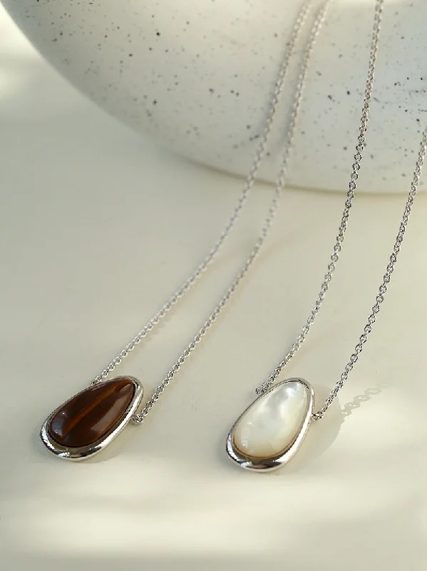 Minimalist 925 Silver Wood Grain Stone White Mother of Pearls Necklace