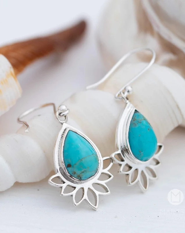 Small Gold Hoop Earrings-Lotus flower Turquoise or Moonstone Earrings ~ Sterling Silver 925 ~ ME155