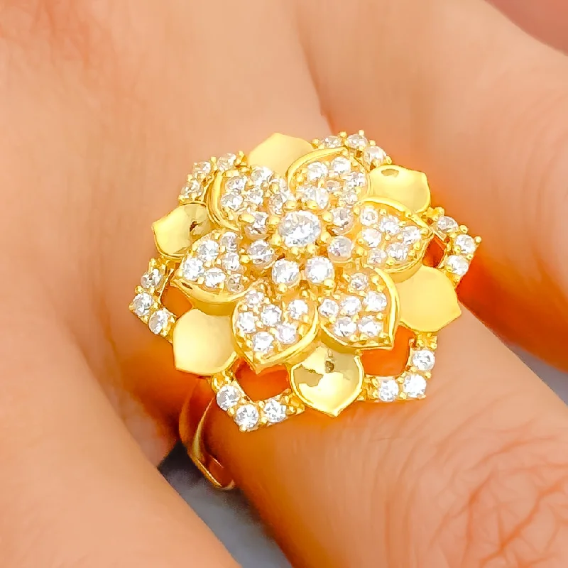 Customizable Wedding Band Set-Royal CZ Flower 22k Gold Statement Ring