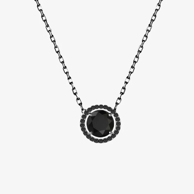 Black Diamonds. Solitaire Halo Gold Necklace