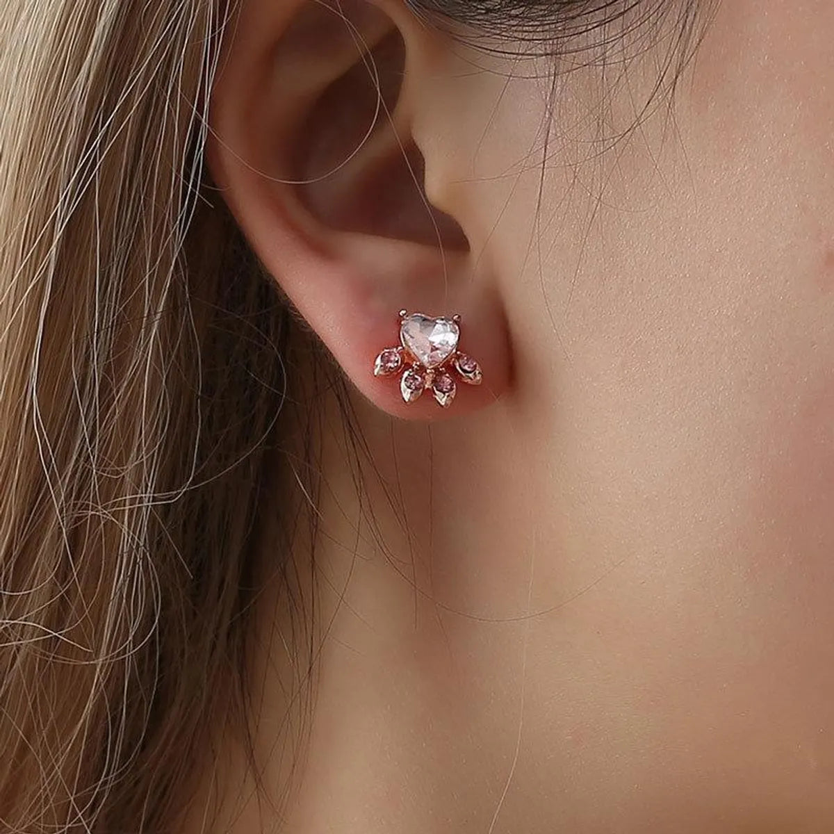 Luxury Drop Earrings-Pink Crystal Zircon Cat Paw Print Cat Ear Studs