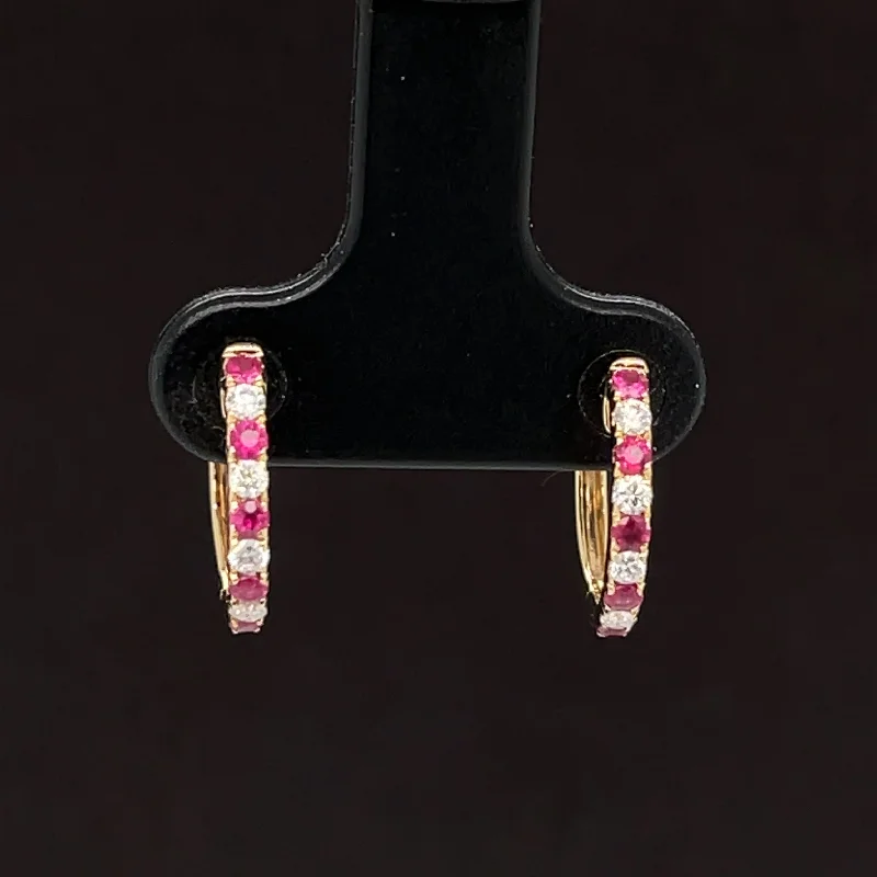 Trendy Silver Earrings-Ruby & Diamond 0.34ctw Classic Round Hoop Earrings in 18k Yellow Gold - #336 - ERRUB043316