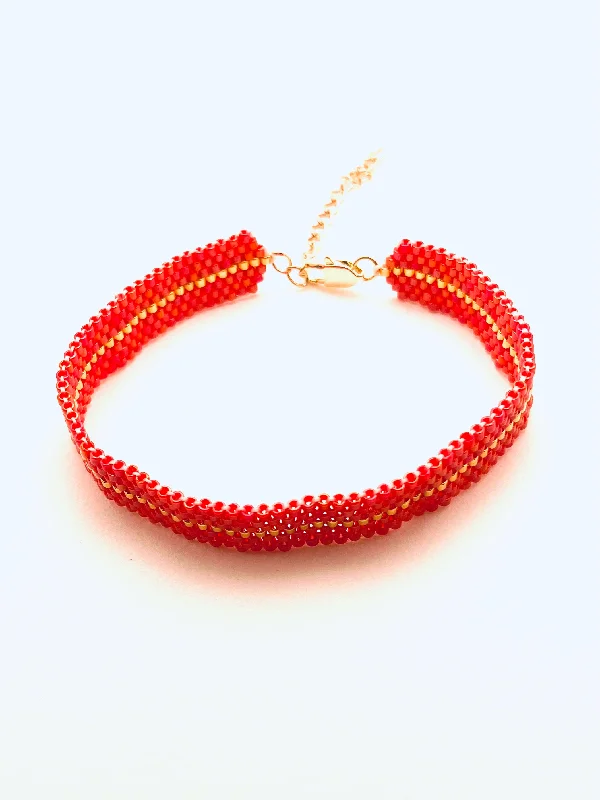 Silver Bracelet with Engraving-Beaded Stripe Bracelet, Red and Gold