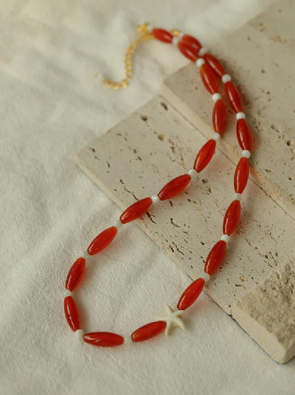 Red Agate Starfish Beaded Necklace