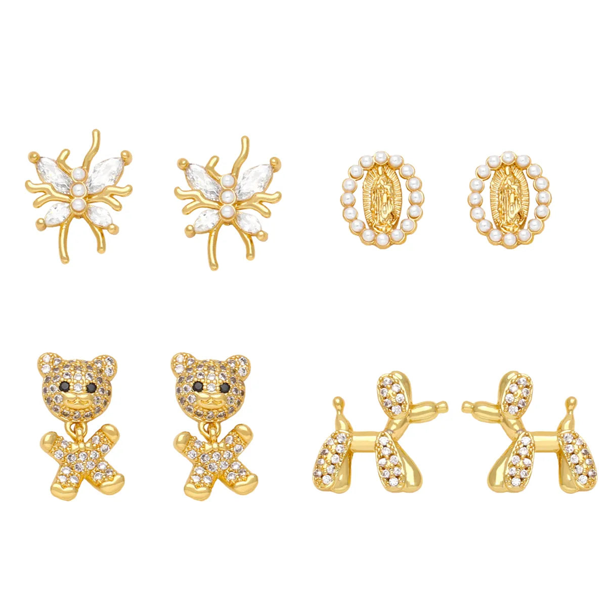 Custom Birthstone Earrings-1 Pair Cute Simple Style Dog Bear Plating Inlay Copper Zircon 18k Gold Plated Ear Studs