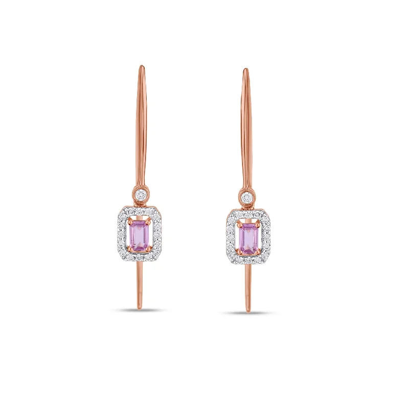 Minimalist Gold Earrings-Long Pipe Diamond Halo & Pink Sapphire  Earrings