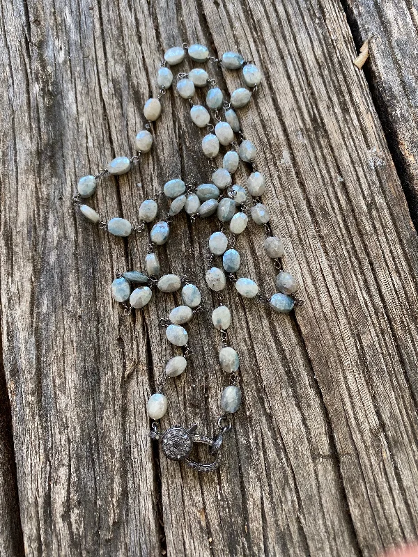 Silverite Oval Beaded Necklace with Pave Diamond Clasp