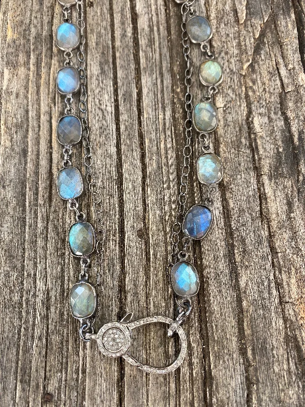 Double Strand of Labradorite and Sterling Silver Necklace with Pave Diamond Clasp