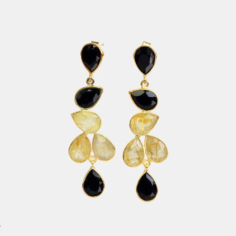 Gold Hoop Earrings-Elegant Black and Gold Rutilated Statement Earrings