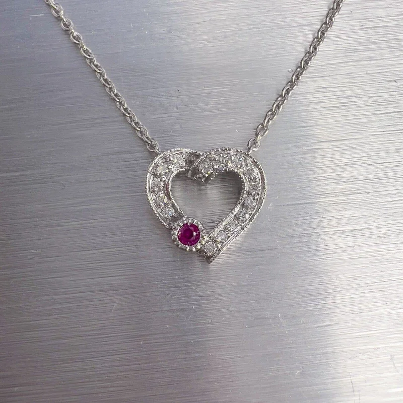 14k White Gold Diamond 0.10ct Ruby Heart Pendant Necklace 0.15ctw G VS2 4.2g 17"