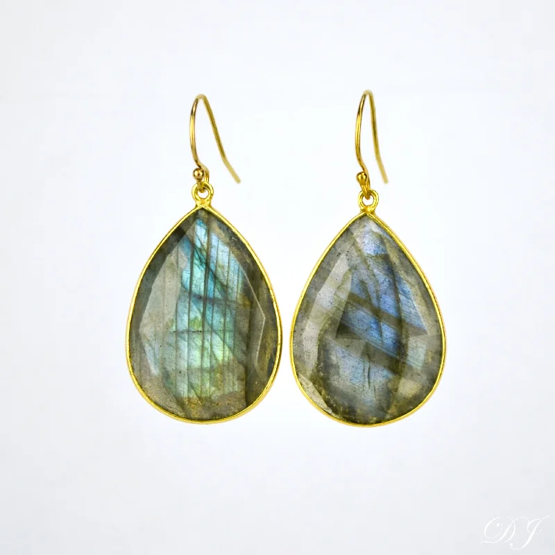 Custom Birthstone Earrings-Faceted Labradorite Teardrop Bezel Set Earrings