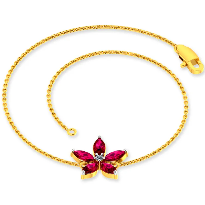 Adjustable Friendship Bracelet-Dazzling 14k Gold Bracelet Flower Design Studded With Red Gemstones From Pc Chandra Jewellers