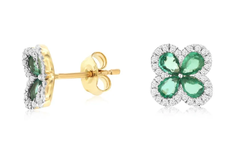 Cute Animal Earrings-14K Yellow Gold Emerald & Diamond Floral Stud Earrings