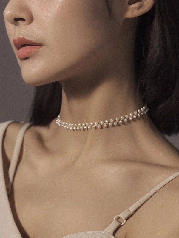 Freshwater Pearl Woven  Choker Necklace Chain Pull-out Adjustable