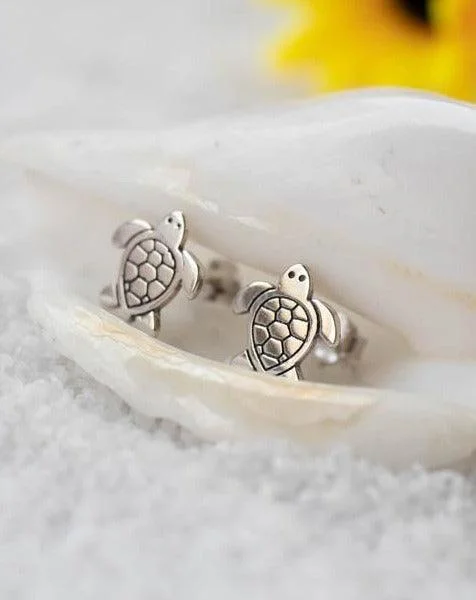 Luxury Gemstone Earrings-Turtle Stud Earrings ~ Sterling Silver 925 ~ SME073