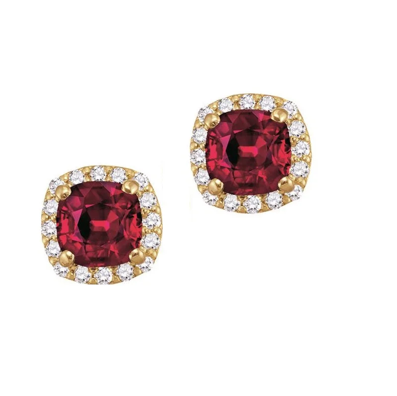 Trendy Drop Earrings-5MM Cushion Ruby and White Sapphire Birthstone Halo Stud Earrings in 10KT Yellow Gold