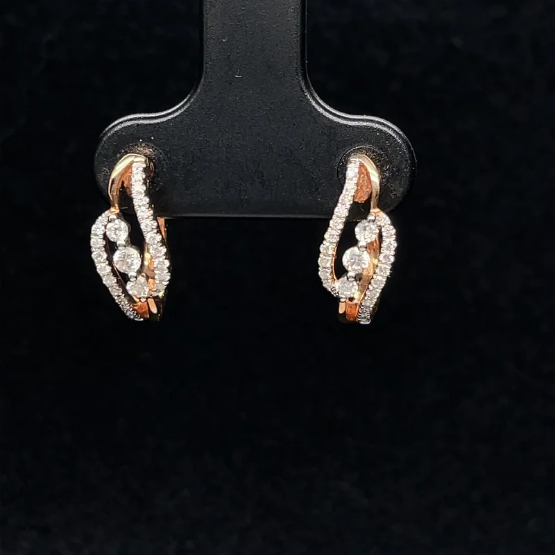 Gemstone Stud Earrings-Diamond Oval Huggie Hoop Lever Back Earrings in 18k Rose Gold - (#11-HEDIA001267)