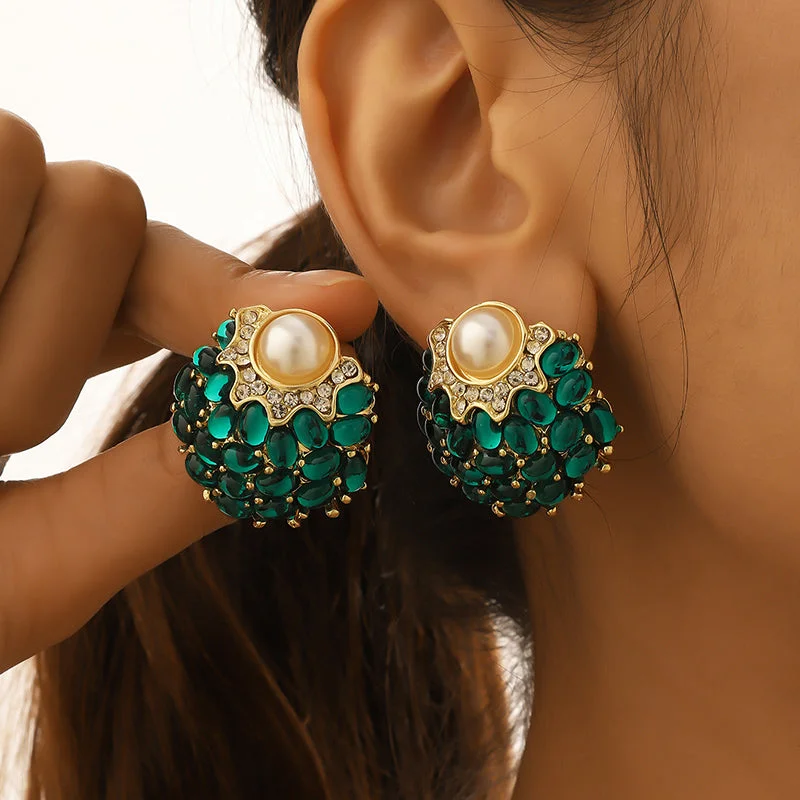 Modern Gold Earrings-1 Pair Classic Style Solid Color Inlay Alloy Artificial Gemstones Ear Studs