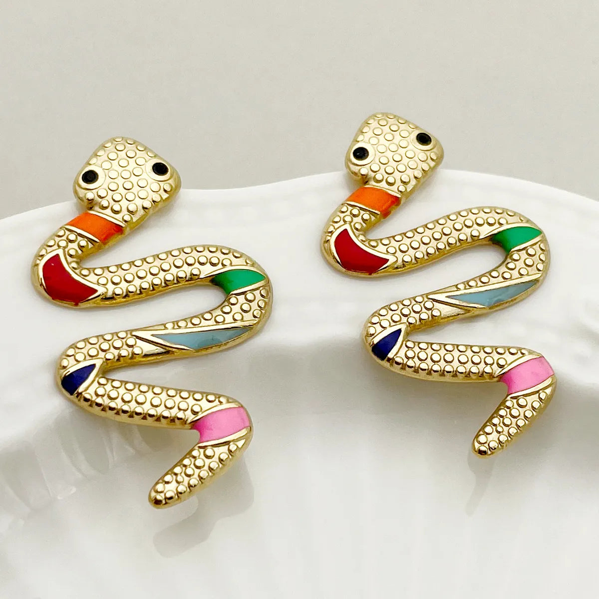 Unique Diamond Earrings-1 Pair Exaggerated Funny Snake Polishing Enamel Plating Stainless Steel Gold Plated Ear Studs