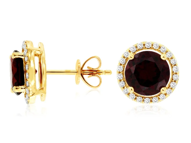 Trendy Earrings for Girls-14K Yellow Gold Garnet & Diamond Halo Stud Earrings