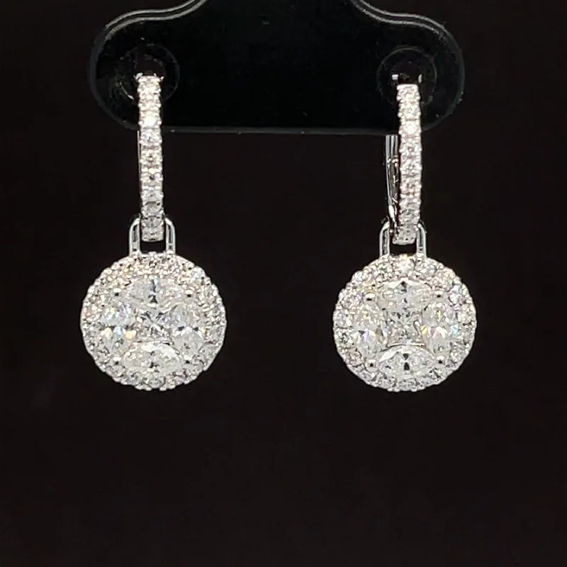 Tiny Huggie Earrings-Diamond Medallion Drop Hoop Earrings in 18k White Gold - #600 - ERDIA357776