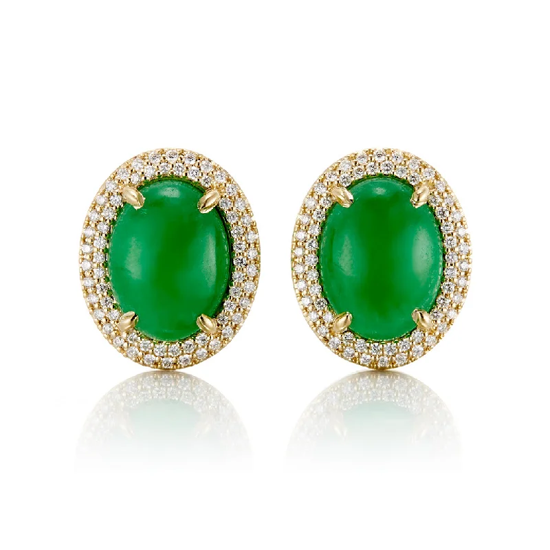 Silver Earrings with Crystals-Apple Green Jade Cabochon & Diamond Earrings