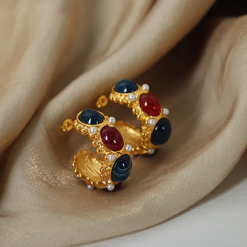 F1006-Gold Red Blue Resin Earrings