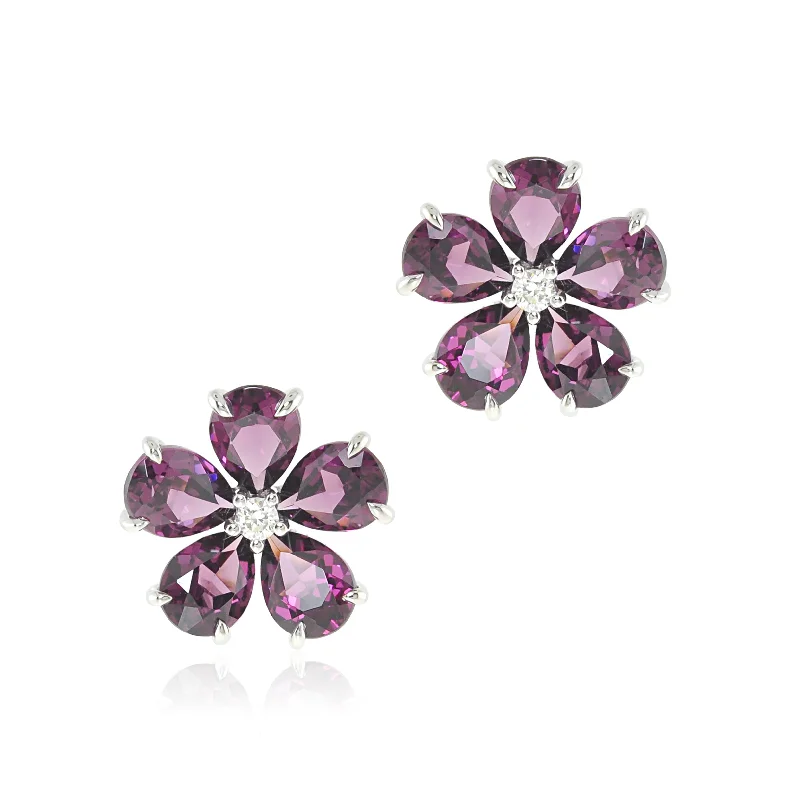 Crystal and Pearl Earrings-Forget-Me-Not Earrings in Rhodolite Garnet & Diamonds