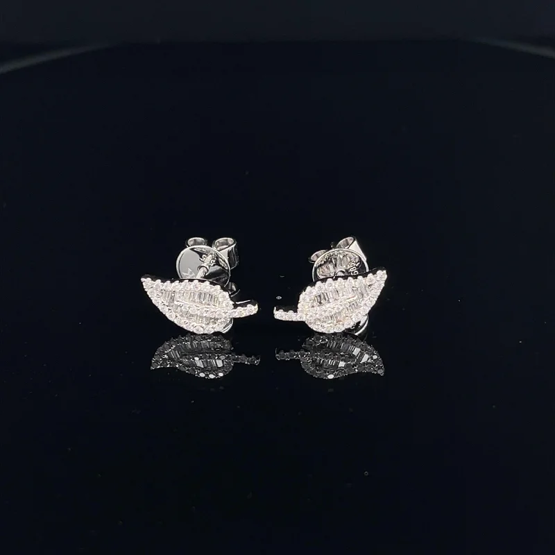 Charming Earrings for Women-Diamond Tropical Leaf Stud Earrings in 14k White Gold - #171 PJE4454-017