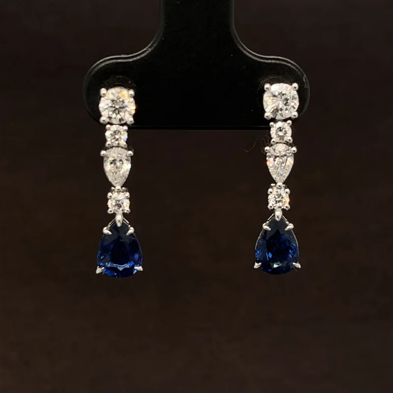 Luxury Diamond Earrings-Blue Sapphire & Diamond Linear Cluster Drop Earrings in 18k White Gold - #510 - ERSAP093536