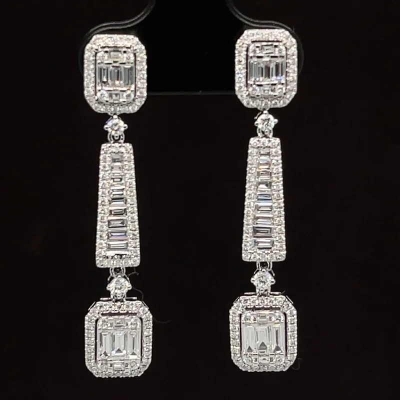 Minimalist Gold Earrings-Diamond Art Deco Vintage Linear Dangle Drop Earrings in 18k White Gold - #596 - ERDIA357194