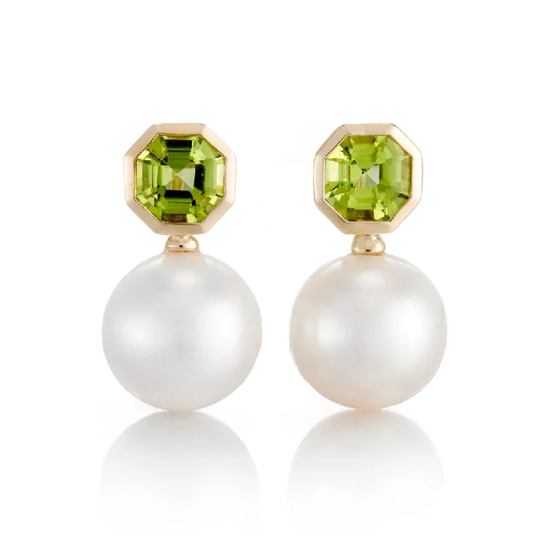 Round Hoop Earrings-Octagonal Peridot & Pearl Drop Earrings