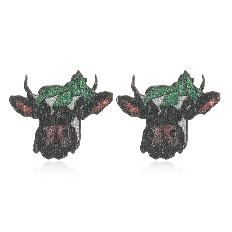 Charming Earrings for Women-1 Pair Cute Shamrock Animal Painted Wood Silver Plated Ear Studs