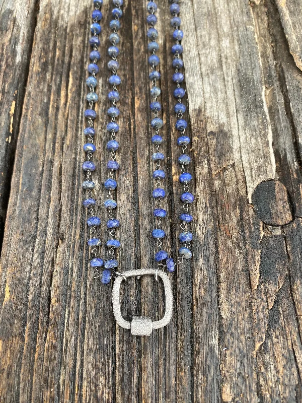 Double Strand Lapis Beaded Necklace with Pave Diamond Square Clasp