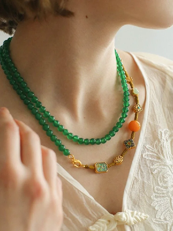 Multi-element Green Onyx Long Detachable Necklace