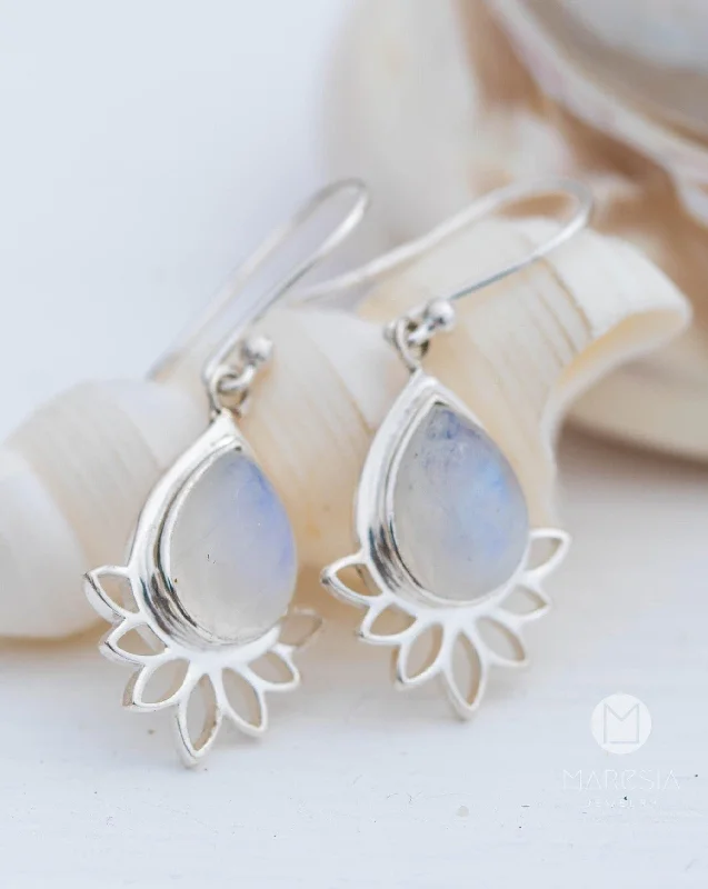 Small Stud Earrings for Women-Lotus flower Turquoise or Moonstone Earrings ~  Sterling Silver 925 ~ ME155A