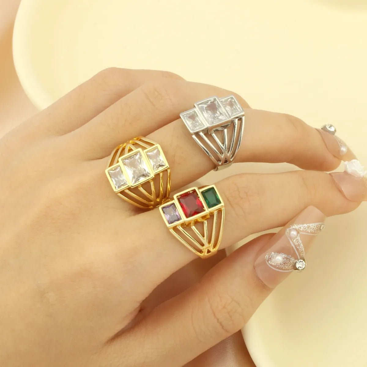 Beautiful Diamond Ring-Elegant Shiny Square Copper Plating Inlay Zircon 18k Gold Plated Open Rings