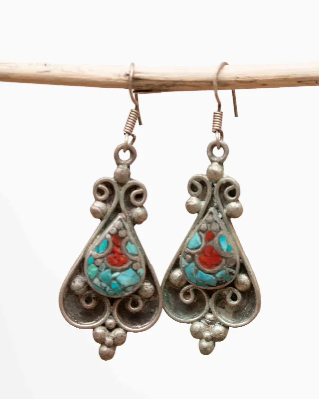 Designer Earrings for Special Occasions-Beatriz Turquoise Tibetan Earrings ~ German Silver ~ SME057