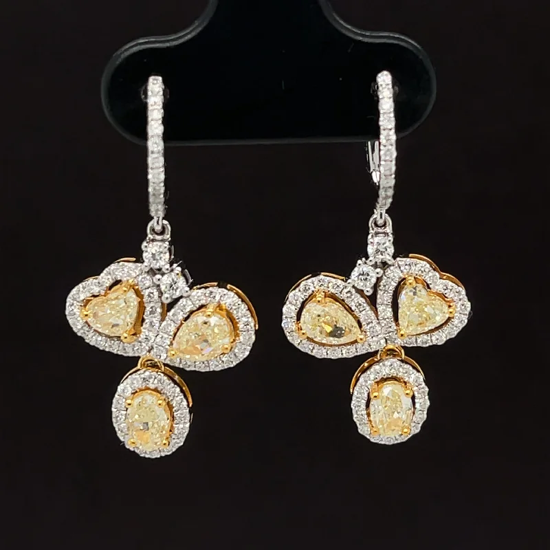 Elegant Jewelry Earrings-Fancy Yellow & White Diamond Dangle Huggie Hoops in 18k Two-Tone Gold - (#195 - ERDIA349928)