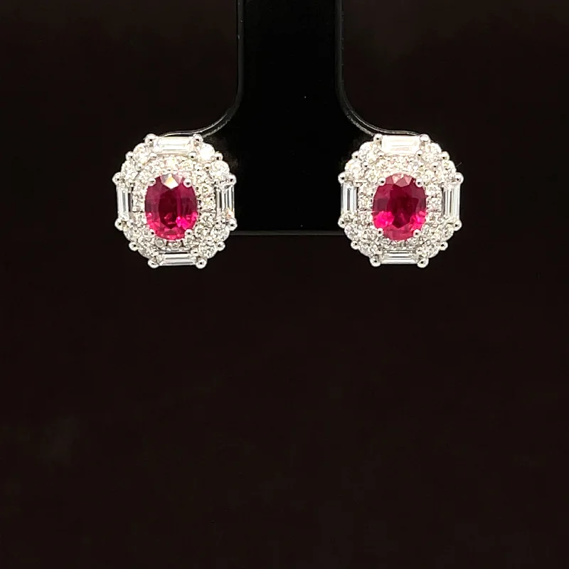 Elegant Wedding Earrings-Oval Ruby & Diamond Art Deco Earrings in 18k Yellow Gold - #586 - ERRUB041798