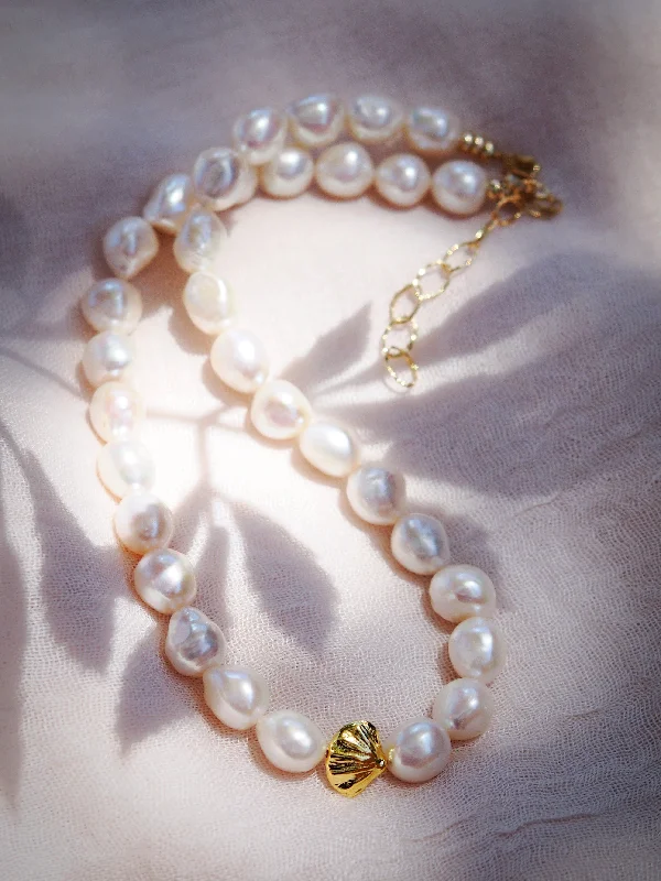 Sale - Chunky White Pearl Necklace with Gold Seashell - Nanea