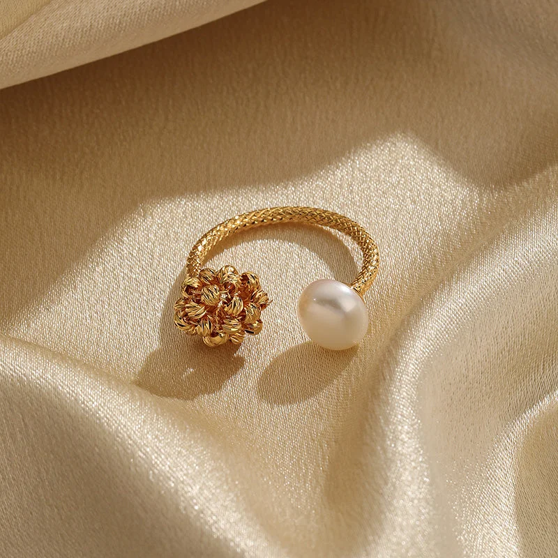 Vintage Engagement Ring with Diamonds-Ig Style Flower Copper Plating Inlay Freshwater Pearl 18k Gold Plated Open Rings