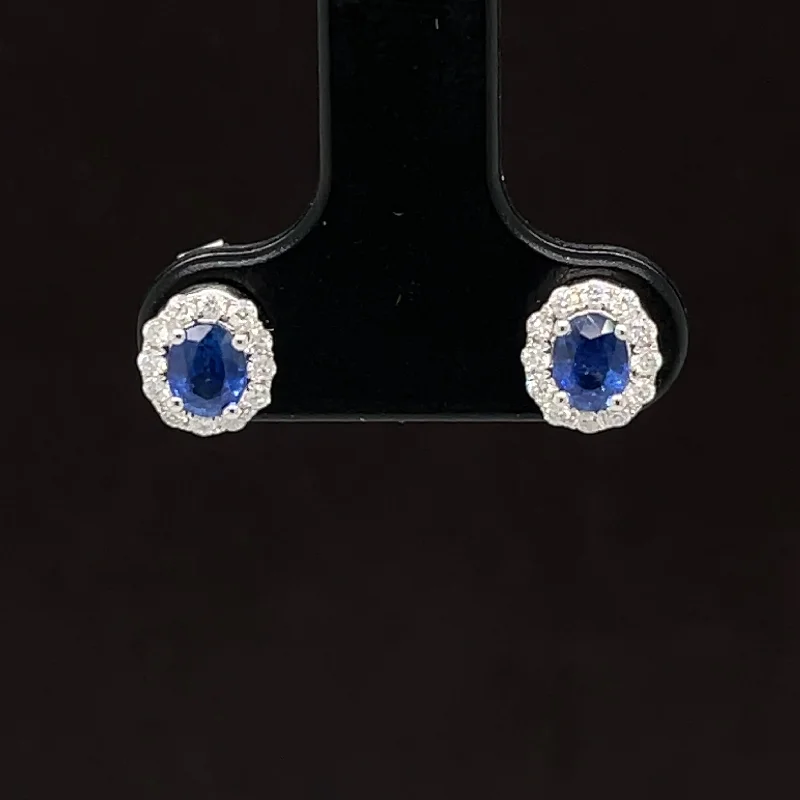 Fine Silver Earrings-Oval Blue Sapphire & Diamond 0.88ctw Lace Halo Cluster Earrings in 18k White Gold - #330 - ERSAP093374