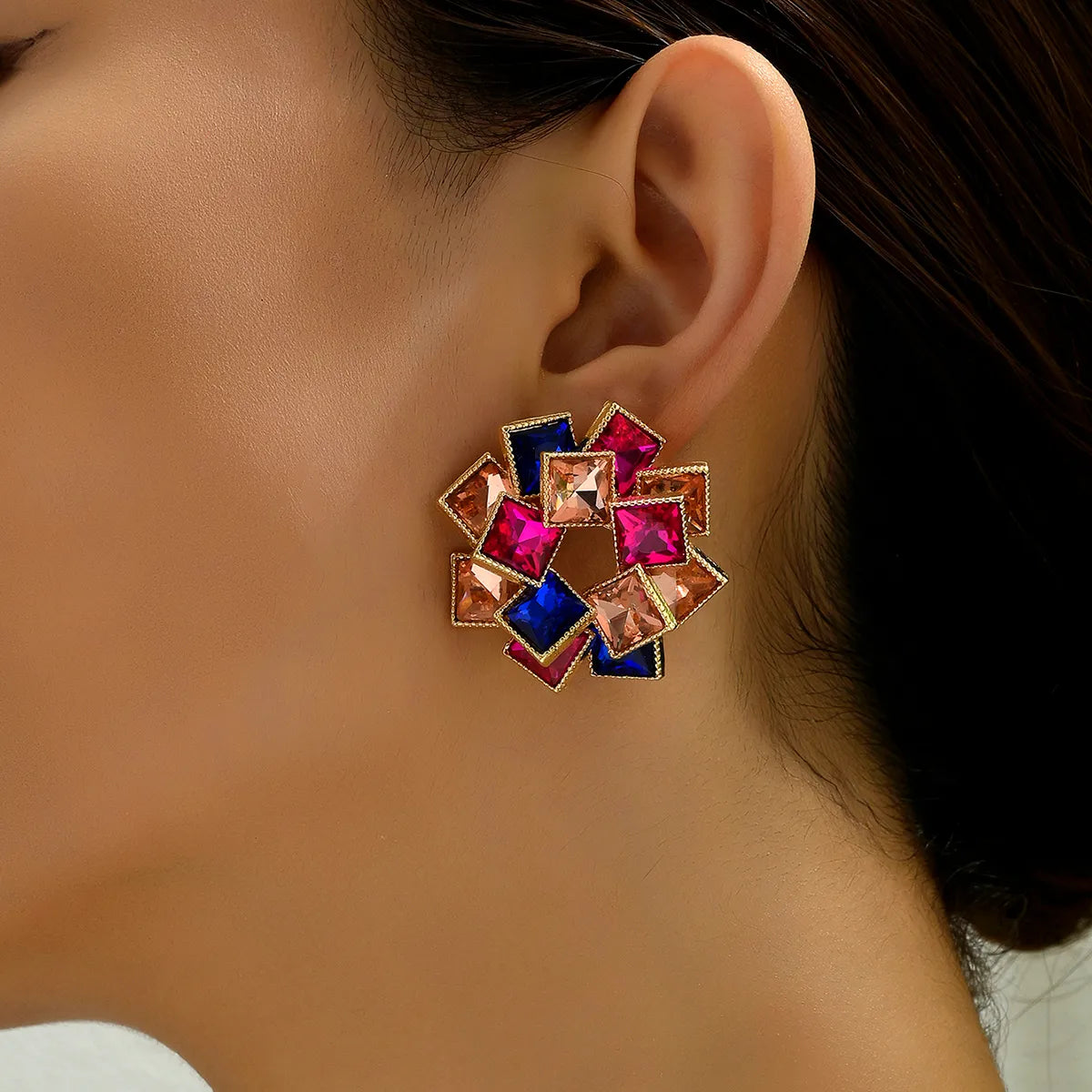 Funky Earrings for Teens-1 Pair Luxurious Shiny Square Plating Inlay Alloy Rhinestones Glass Stone Zircon 18k Gold Plated Ear Studs